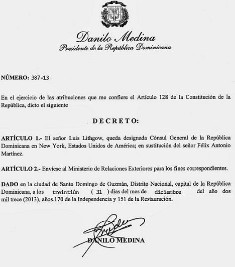 Decreto que Designa un Nuevo Cónsul General de República Dominicana en New York.