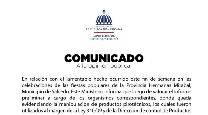 Comunicado del Ministerio de Interior y Policía sobre lo ocurrido en el Carnaval de Salcedo
